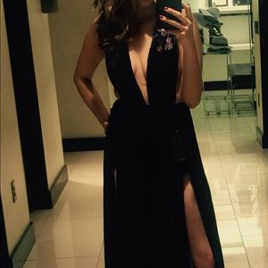 Black sheer floral pleated double split Bebe dress